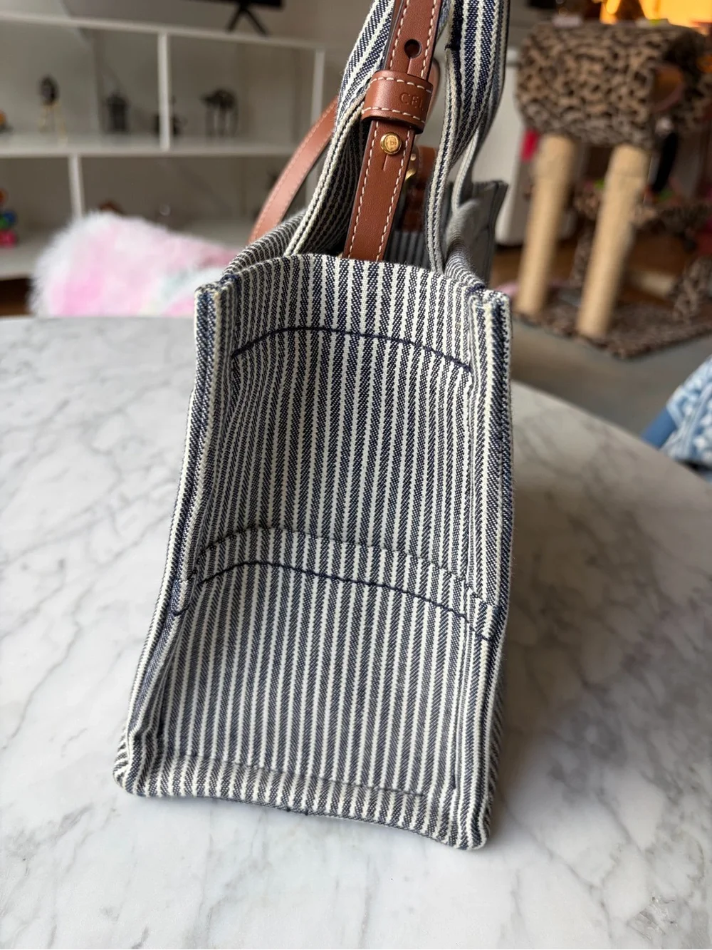 Celine Striped Canvas Calfskin Triomphe Tote in Navy and Brown